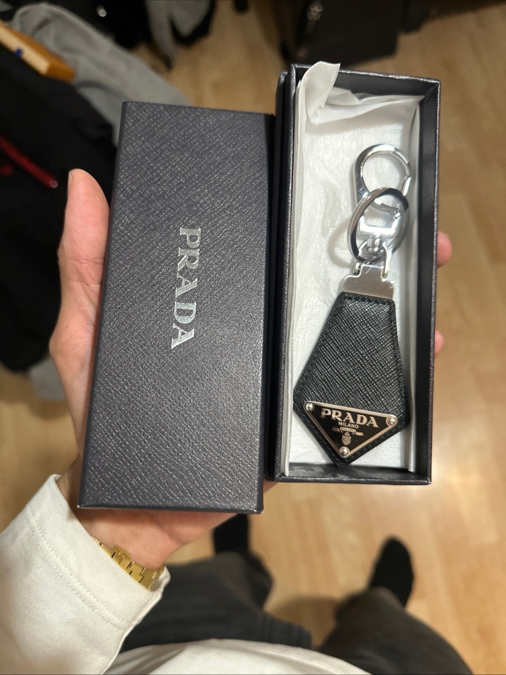 Prada Saffiano Leather Triangle Logo Keychain